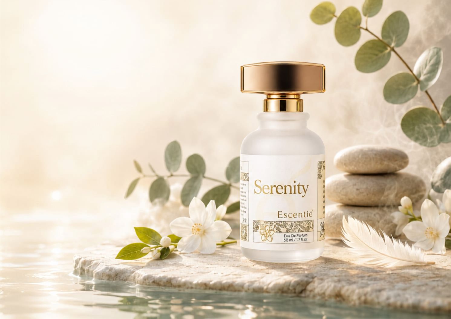 Serenity — botol parfum di tepi air dengan eukaliptus dan batu