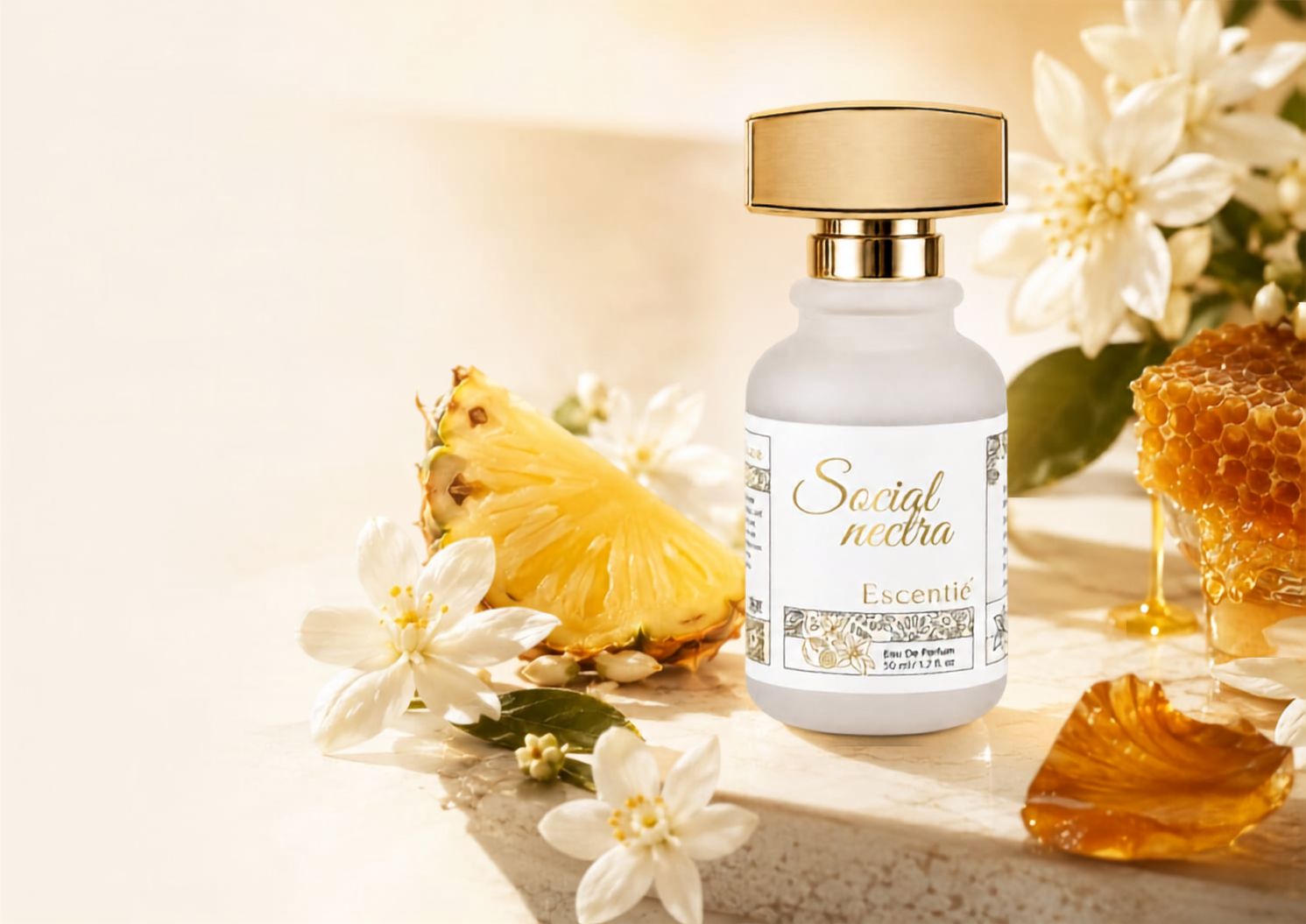 Social Nectra — botol parfum dengan nanas, bunga, dan madu