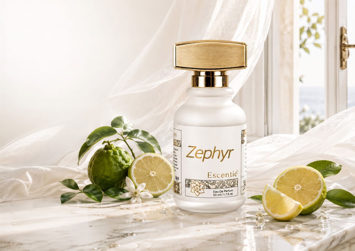 Zephyr — botol parfum di marmer dengan jeruk dan tirai