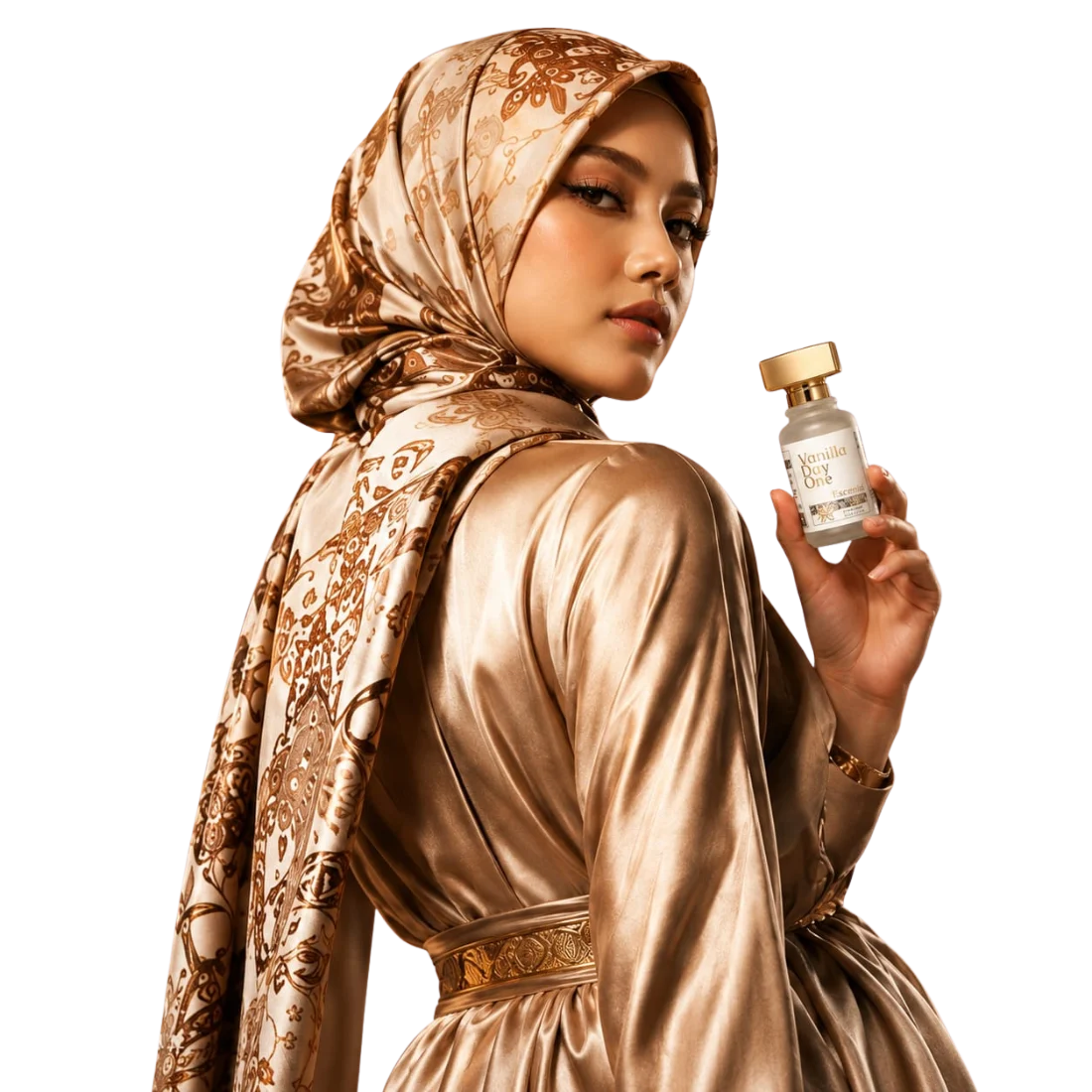 Model Escentie memegang parfum Vanilla Day One