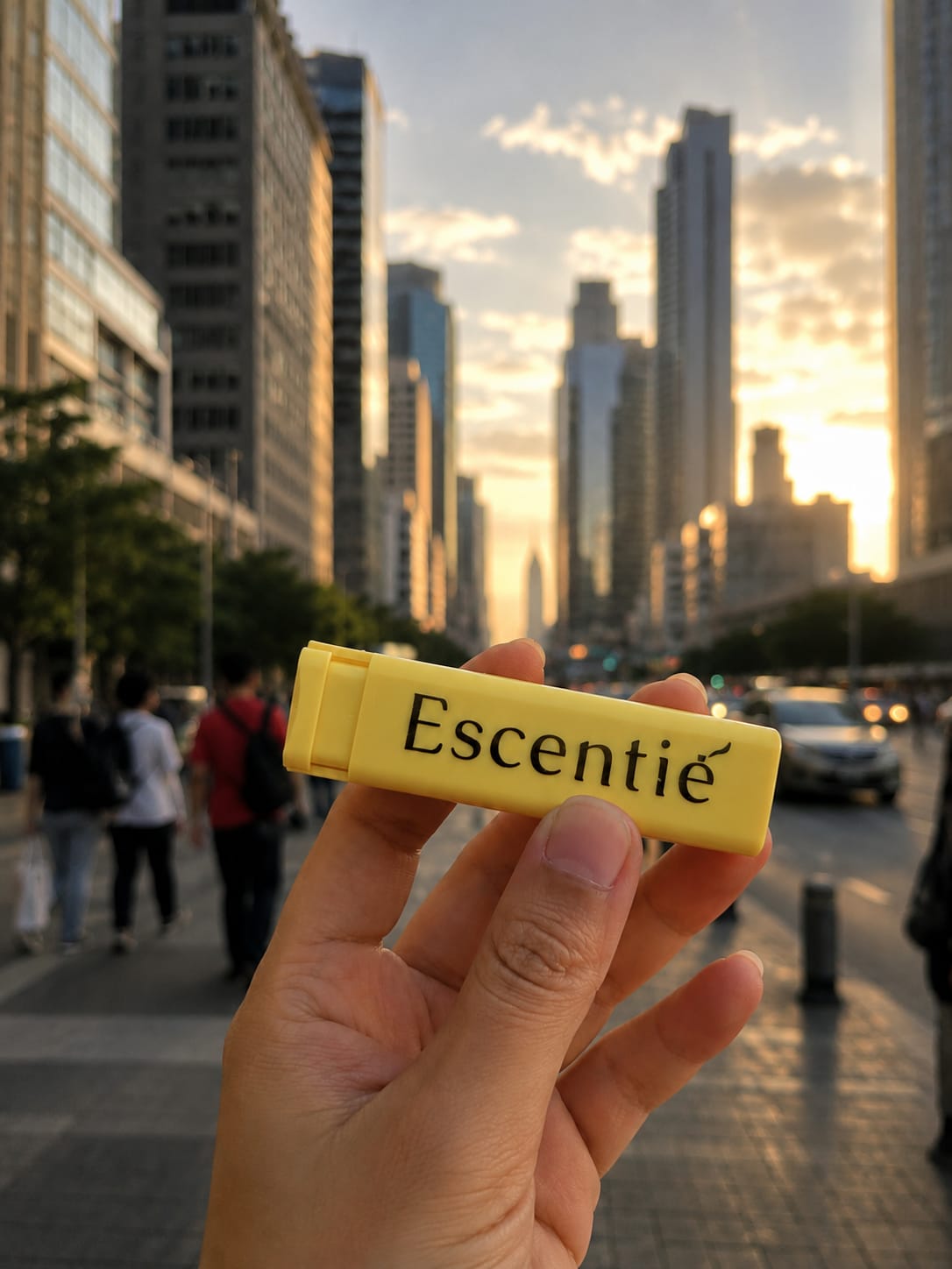 Escentie Lux Travel Size kuning di tengah kota